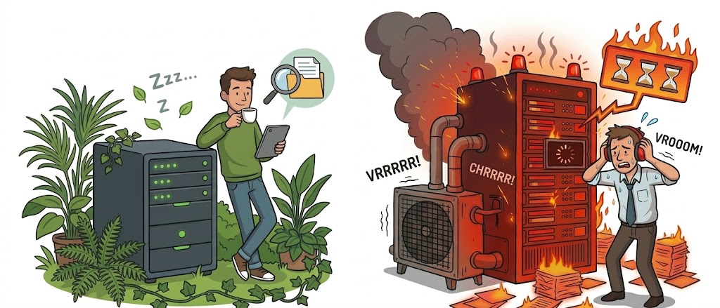Zeichnung: Links ein kleiner, leiser Server zwischen Pflanzen, daneben ein entspannter Mann mit Kaffee – die Suche ist schon fertig. Rechts ein riesiger, qualmender, brennender Server und ein verzweifelter Mann mit Kopfhörern – er sucht immer noch.